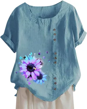 Cotton Tops for Women 2025 Summer Cotton Linen Shirts Scoop Neck Pleated Blouse Solid Color Cute Button Tunic Shirt