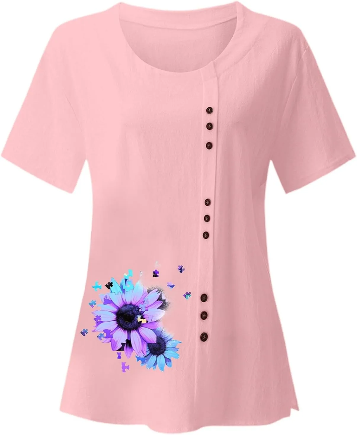 Cotton Tops for Women 2025 Summer Cotton Linen Shirts Scoop Neck Pleated Blouse Solid Color Cute Button Tunic Shirt