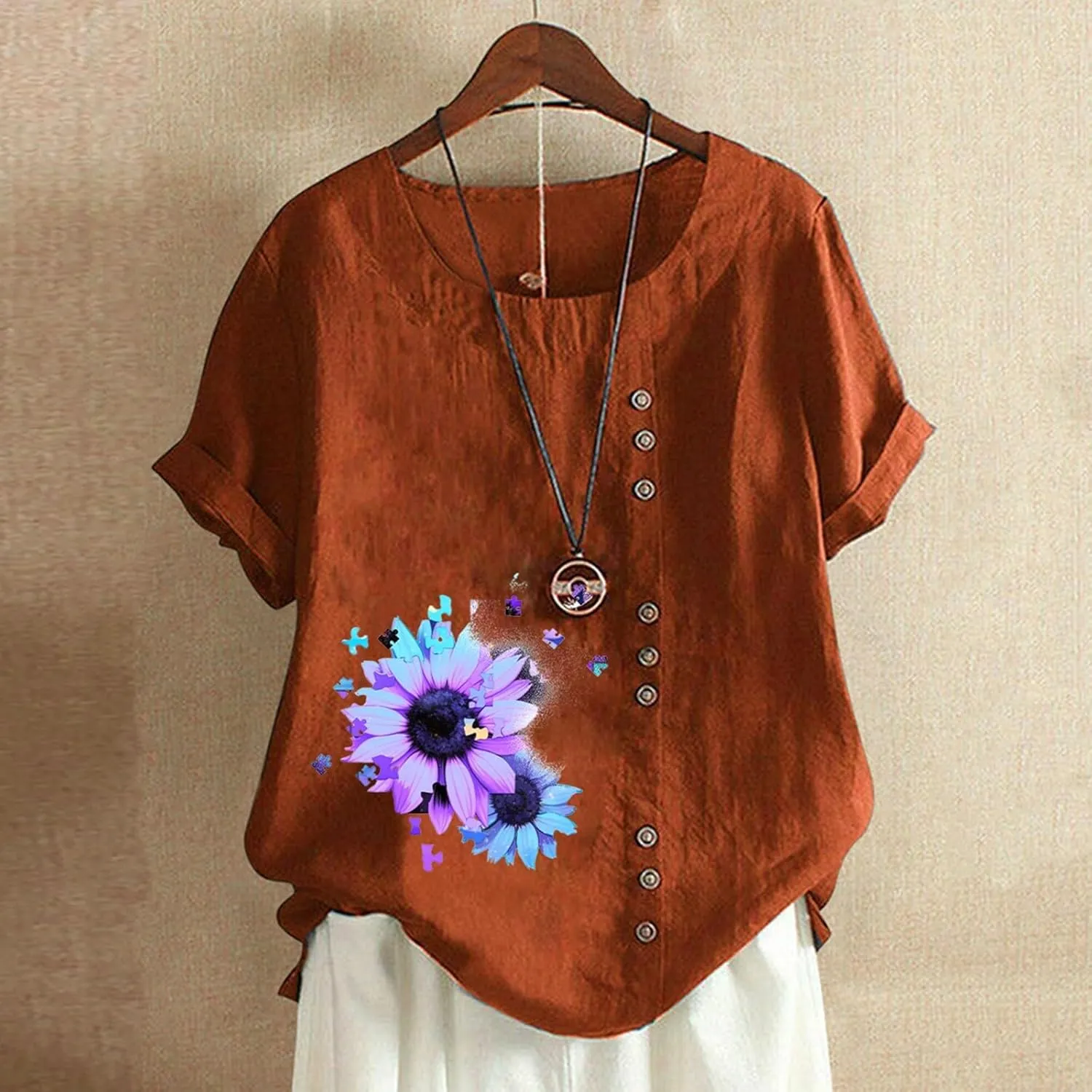 Cotton Tops for Women 2025 Summer Cotton Linen Shirts Scoop Neck Pleated Blouse Solid Color Cute Button Tunic Shirt