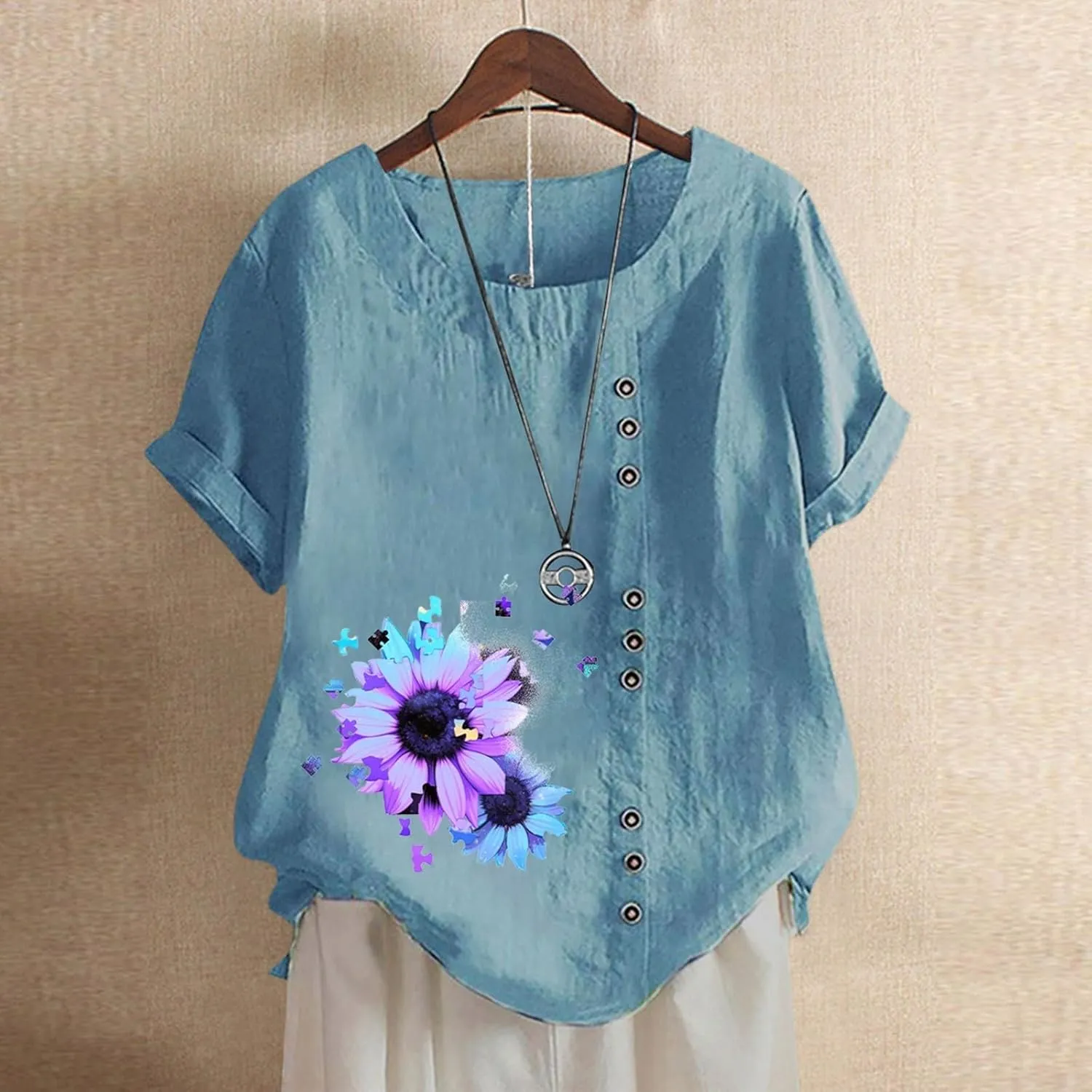 Cotton Tops for Women 2025 Summer Cotton Linen Shirts Scoop Neck Pleated Blouse Solid Color Cute Button Tunic Shirt
