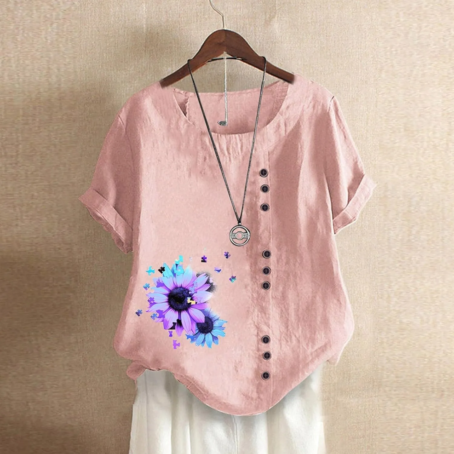 Cotton Tops for Women 2025 Summer Cotton Linen Shirts Scoop Neck Pleated Blouse Solid Color Cute Button Tunic Shirt