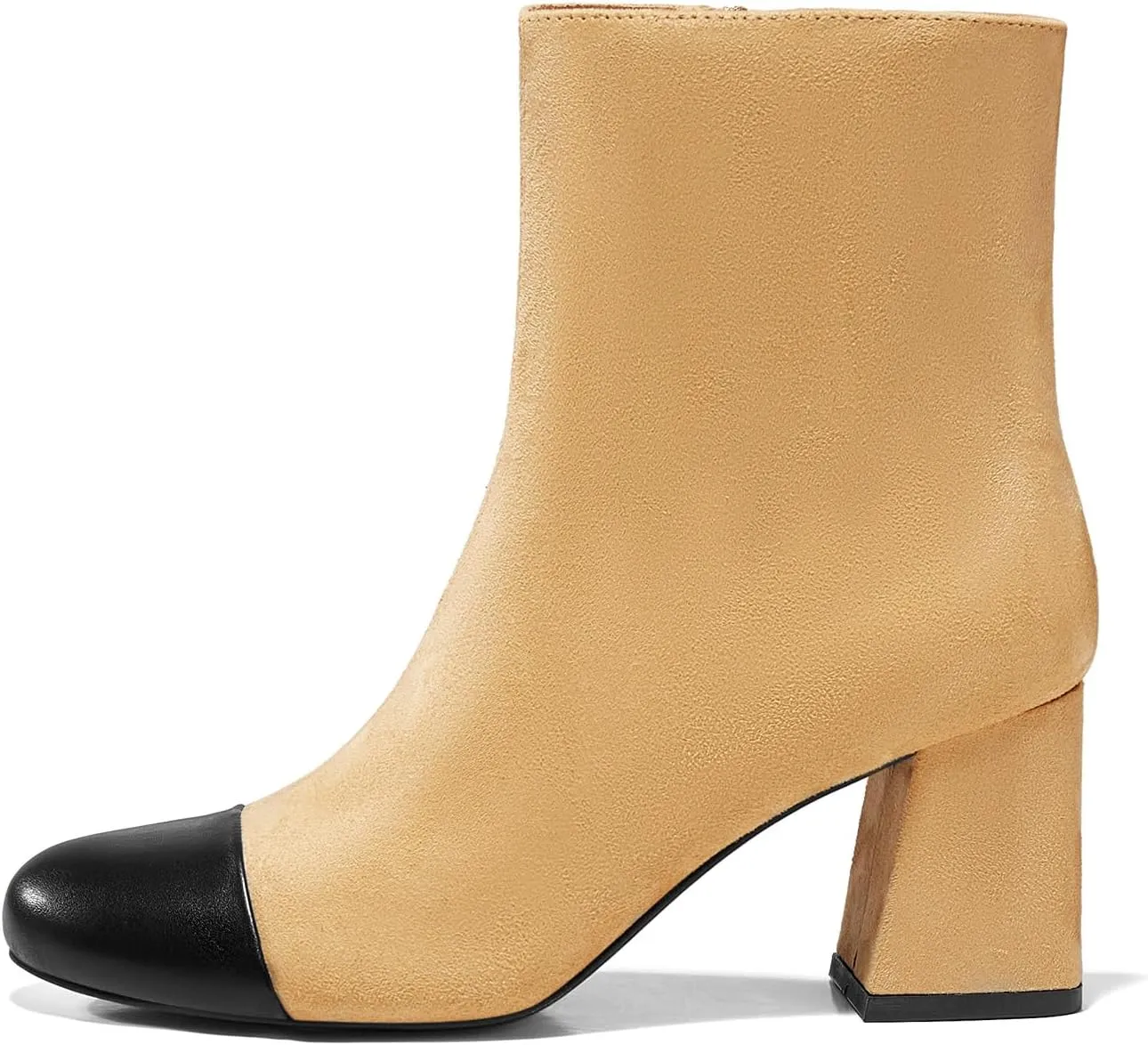 Coutgo Womens Ankle Boots Chunky Block Heel Two Tone Round Toe Side Zipper Dress Fall Booties Shoes