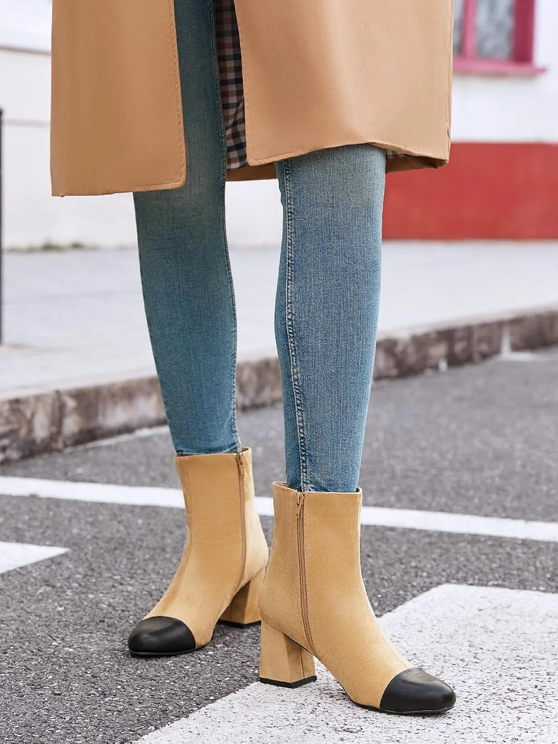 Coutgo Womens Ankle Boots Chunky Block Heel Two Tone Round Toe Side Zipper Dress Fall Booties Shoes