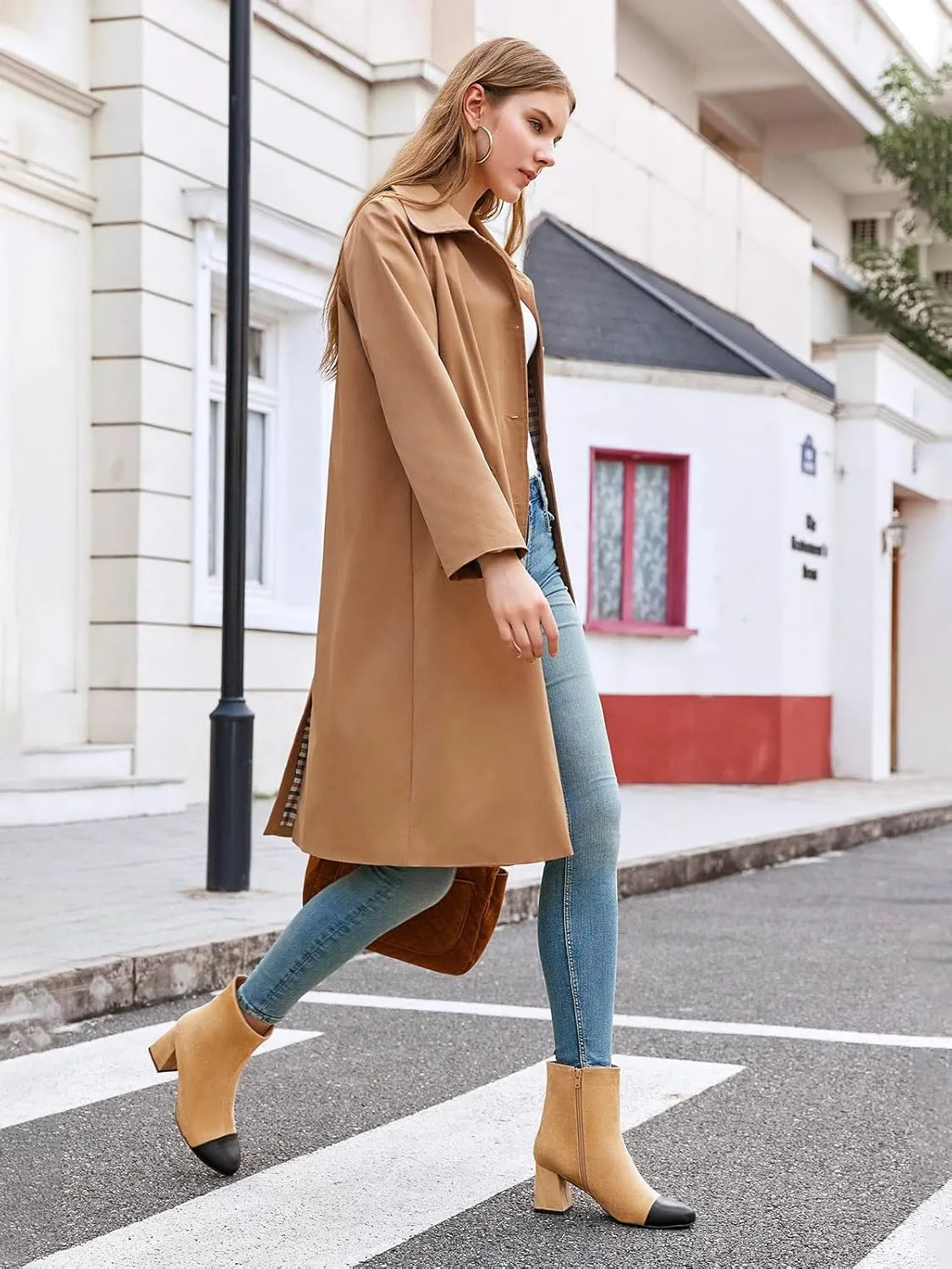 Coutgo Womens Ankle Boots Chunky Block Heel Two Tone Round Toe Side Zipper Dress Fall Booties Shoes