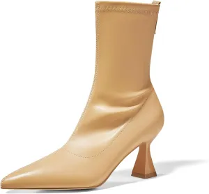 Coutgo Womens Ankle Boots Pointed Toe Low Kitten Heel Side Zipper Office Dress Fall Booties Shoes