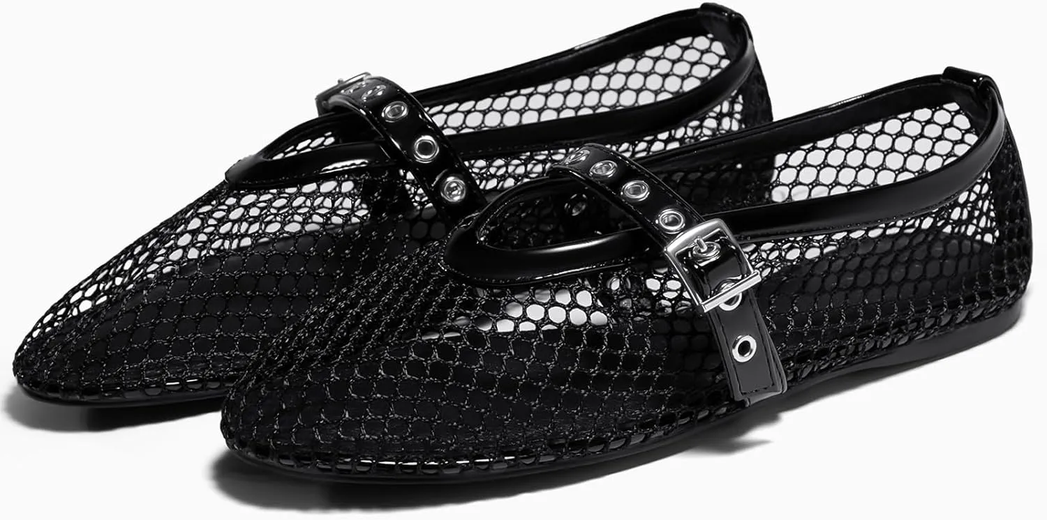 Coutgo Womens Mesh Ballet Flats Mary Jane Fishnet Ballerina Buckle Strap Comfortable Causal Dress Shoes