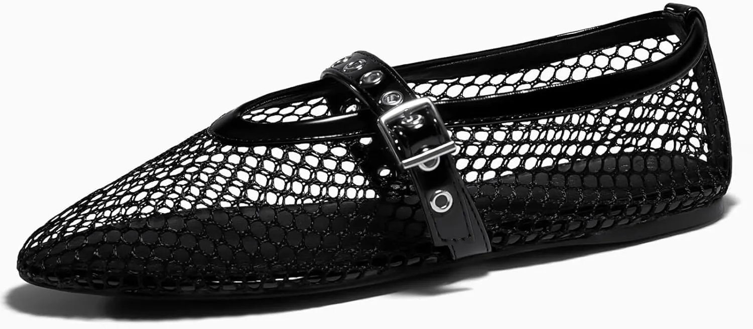 Coutgo Womens Mesh Ballet Flats Mary Jane Fishnet Ballerina Buckle Strap Comfortable Causal Dress Shoes