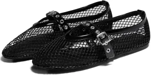Coutgo Womens Mesh Ballet Flats Mary Jane Fishnet Ballerina Buckle Strap Comfortable Causal Dress Shoes
