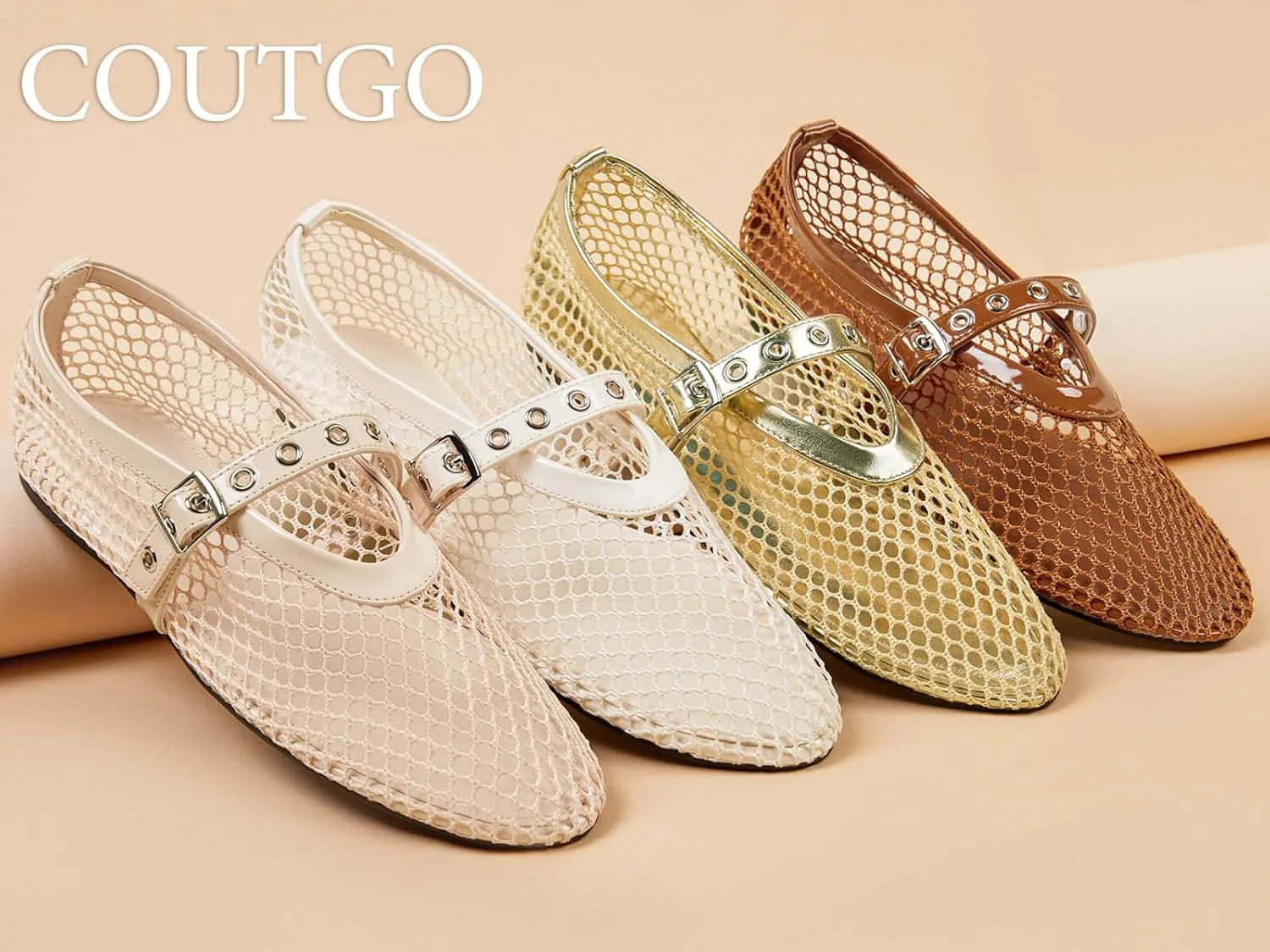 Coutgo Womens Mesh Ballet Flats Mary Jane Fishnet Ballerina Buckle Strap Comfortable Causal Dress Shoes