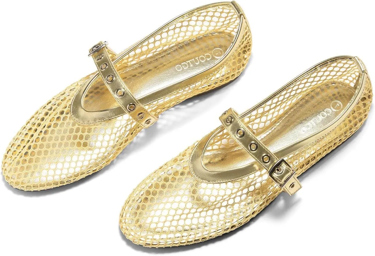 Coutgo Womens Mesh Ballet Flats Mary Jane Fishnet Ballerina Buckle Strap Comfortable Causal Dress Shoes