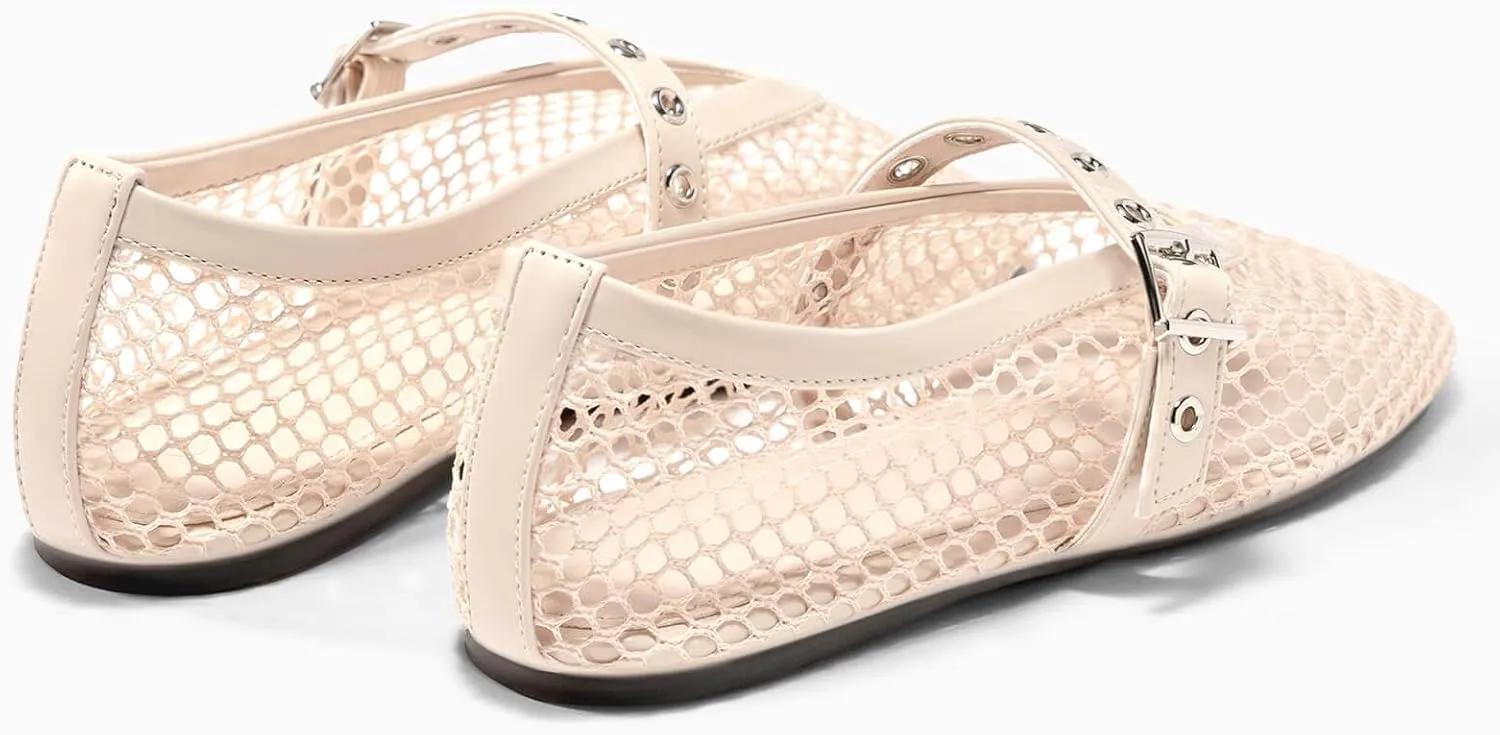 Coutgo Womens Mesh Ballet Flats Mary Jane Fishnet Ballerina Buckle Strap Comfortable Causal Dress Shoes