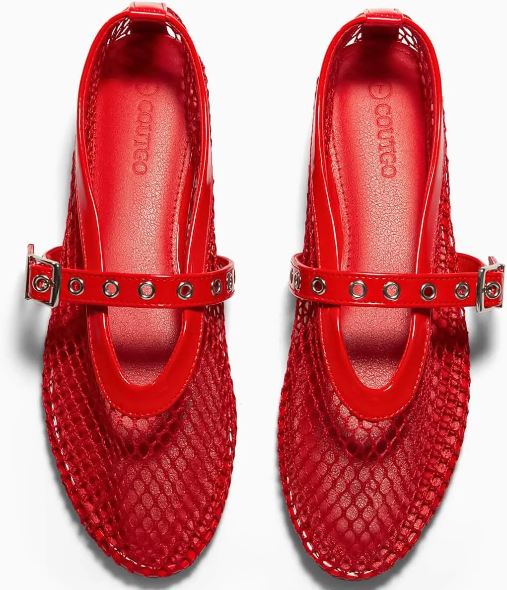 Coutgo Womens Mesh Ballet Flats Mary Jane Fishnet Ballerina Buckle Strap Comfortable Causal Dress Shoes