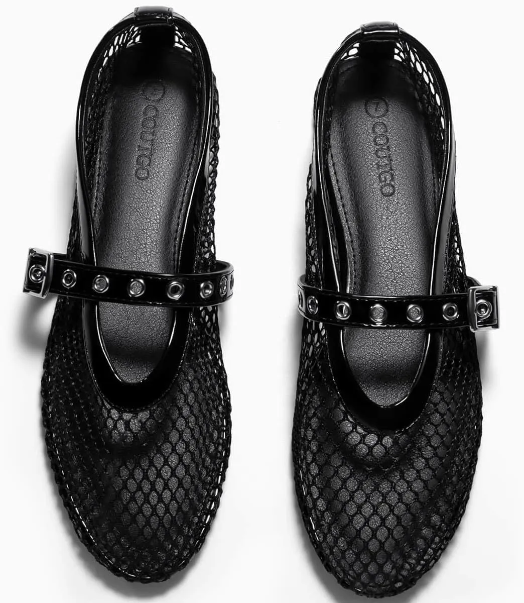 Coutgo Womens Mesh Ballet Flats Mary Jane Fishnet Ballerina Buckle Strap Comfortable Causal Dress Shoes