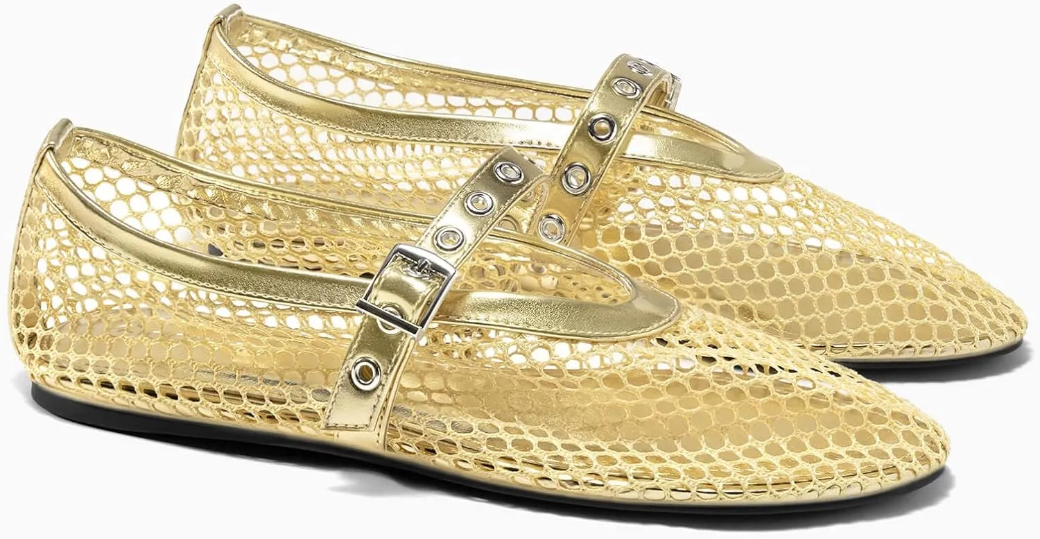 Coutgo Womens Mesh Ballet Flats Mary Jane Fishnet Ballerina Buckle Strap Comfortable Causal Dress Shoes