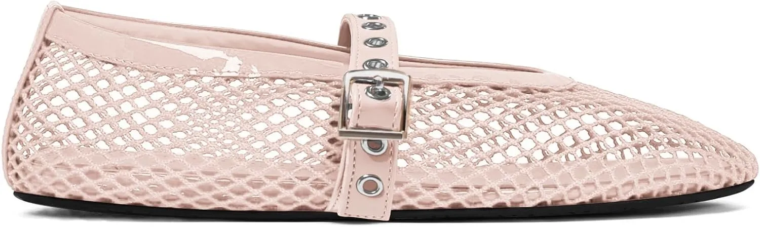 Coutgo Womens Mesh Ballet Flats Mary Jane Fishnet Ballerina Buckle Strap Comfortable Causal Dress Shoes