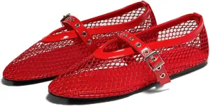 Coutgo Womens Mesh Ballet Flats Mary Jane Fishnet Ballerina Buckle Strap Comfortable Causal Dress Shoes