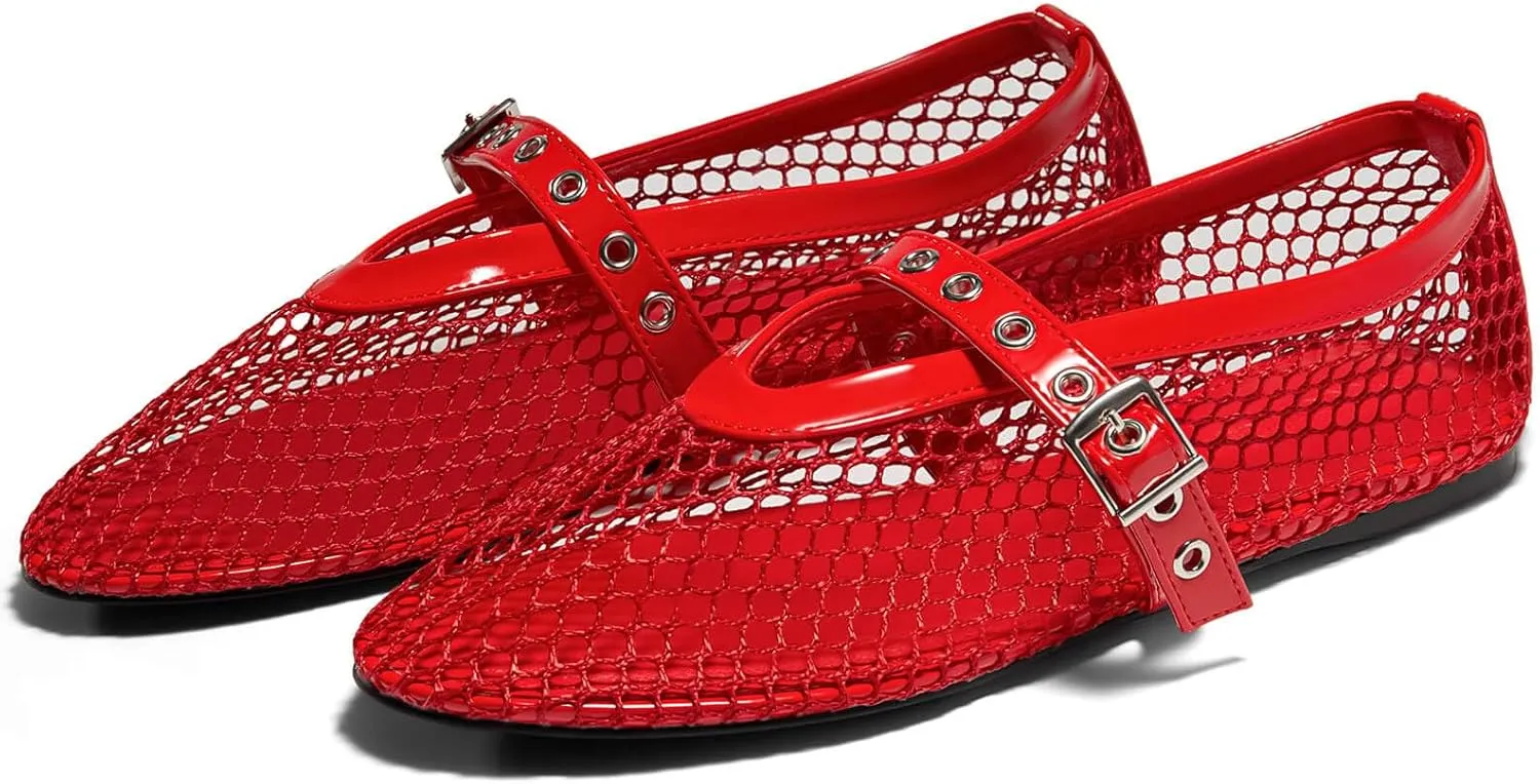 Coutgo Womens Mesh Ballet Flats Mary Jane Fishnet Ballerina Buckle Strap Comfortable Causal Dress Shoes