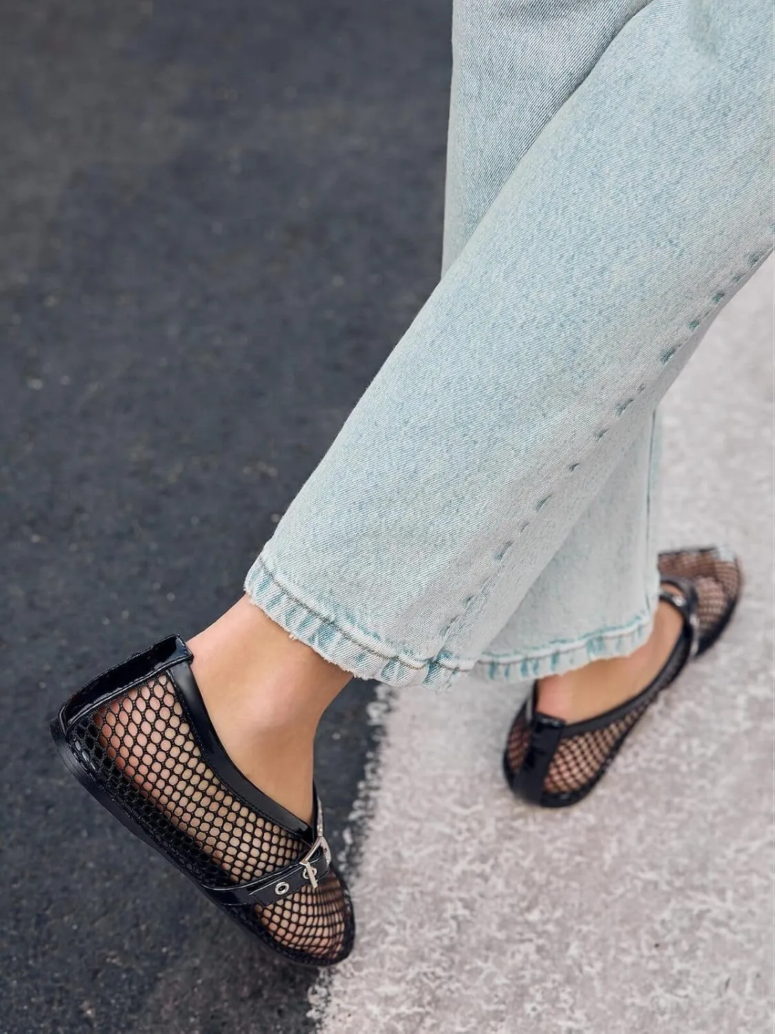 Coutgo Womens Mesh Ballet Flats Mary Jane Fishnet Ballerina Buckle Strap Comfortable Causal Dress Shoes