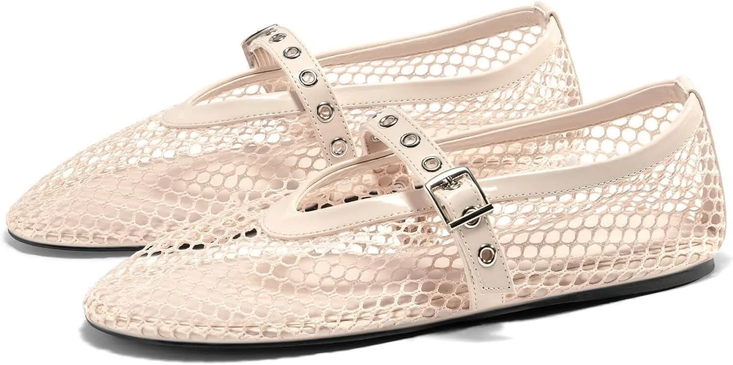 Coutgo Womens Mesh Ballet Flats Mary Jane Fishnet Ballerina Buckle Strap Comfortable Causal Dress Shoes