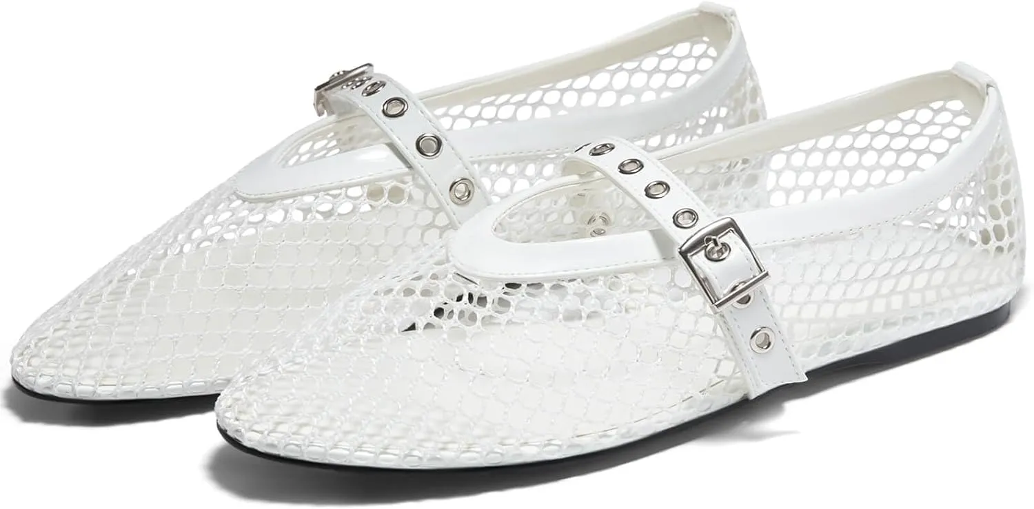 Coutgo Womens Mesh Ballet Flats Mary Jane Fishnet Ballerina Buckle Strap Comfortable Causal Dress Shoes