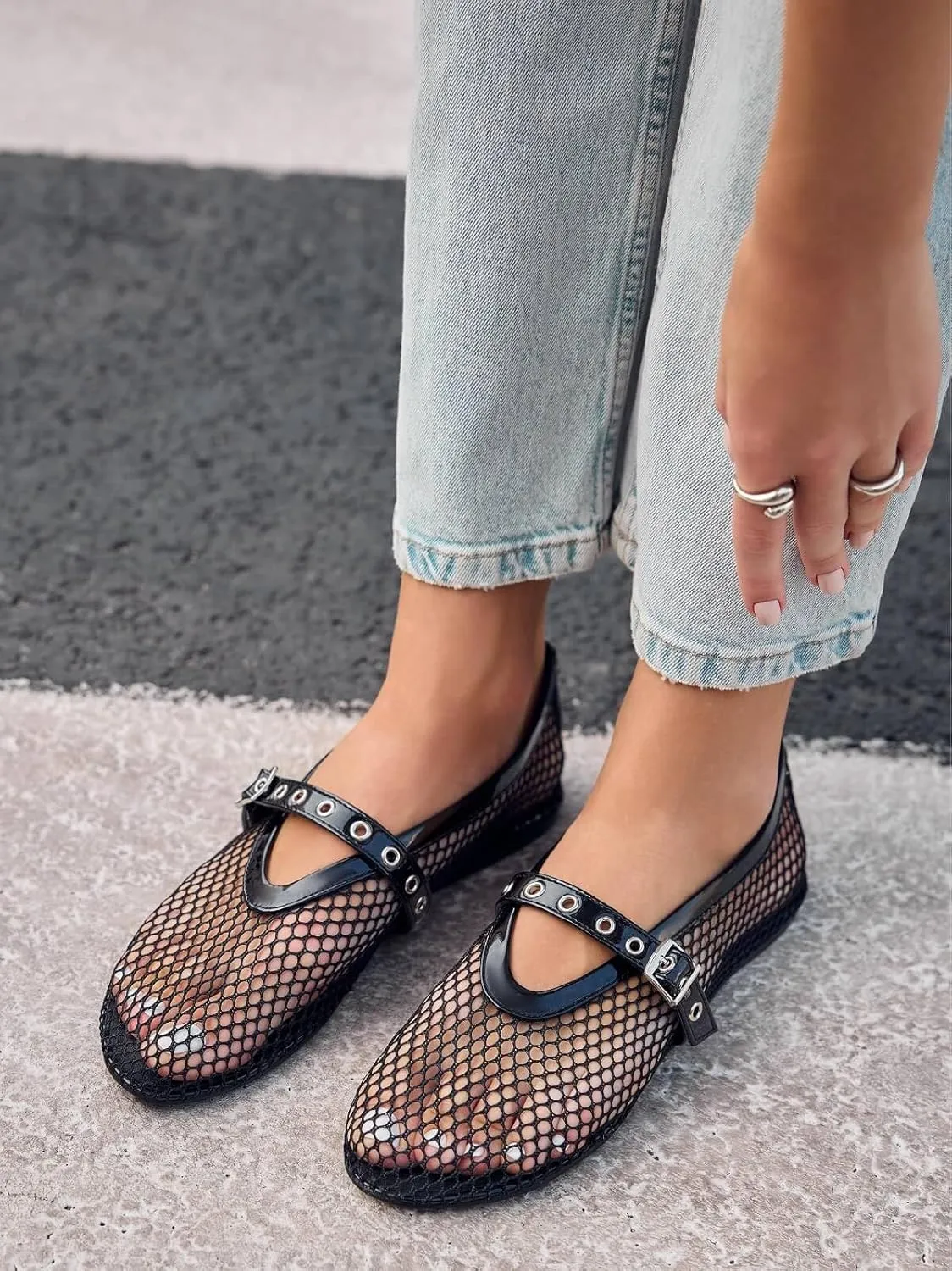 Coutgo Womens Mesh Ballet Flats Mary Jane Fishnet Ballerina Buckle Strap Comfortable Causal Dress Shoes