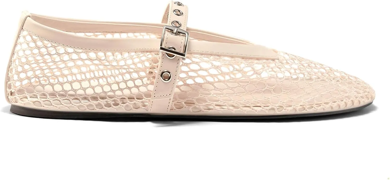 Coutgo Womens Mesh Ballet Flats Mary Jane Fishnet Ballerina Buckle Strap Comfortable Causal Dress Shoes