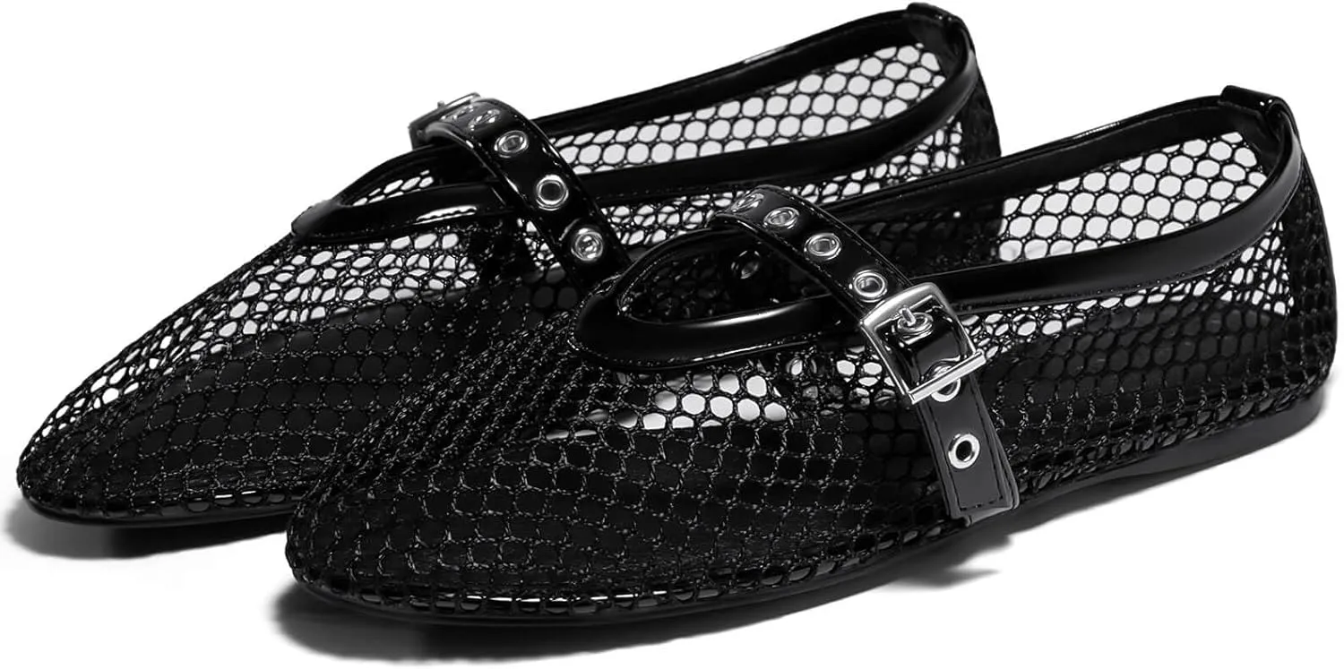Coutgo Womens Mesh Ballet Flats Mary Jane Fishnet Ballerina Buckle Strap Comfortable Causal Dress Shoes