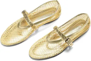 Coutgo Womens Mesh Ballet Flats Mary Jane Fishnet Ballerina Buckle Strap Comfortable Causal Dress Shoes