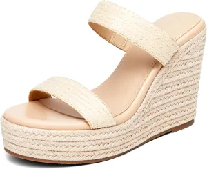 Coutgo Womens Wedge Platform Sandals Espadrilles Two Strap Woven Slip On Summer Cute Slide Sandals