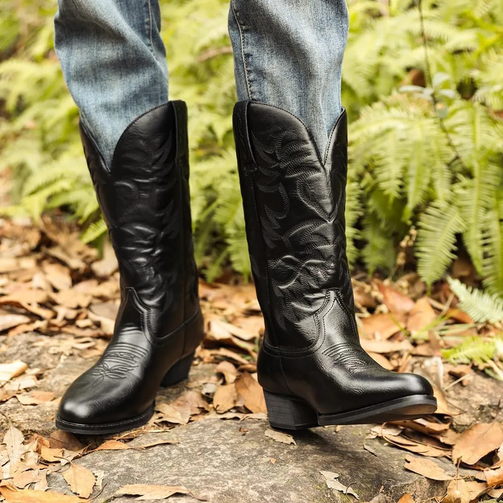 Cowboy Boots for Men Lightweight Western Country Boots Modern Traditional Embroidered Boots Men Mid Calf Western Cowboy Motorcycle Boots Leather Shoes Wide Calf Pull On Western Work Combat Boots