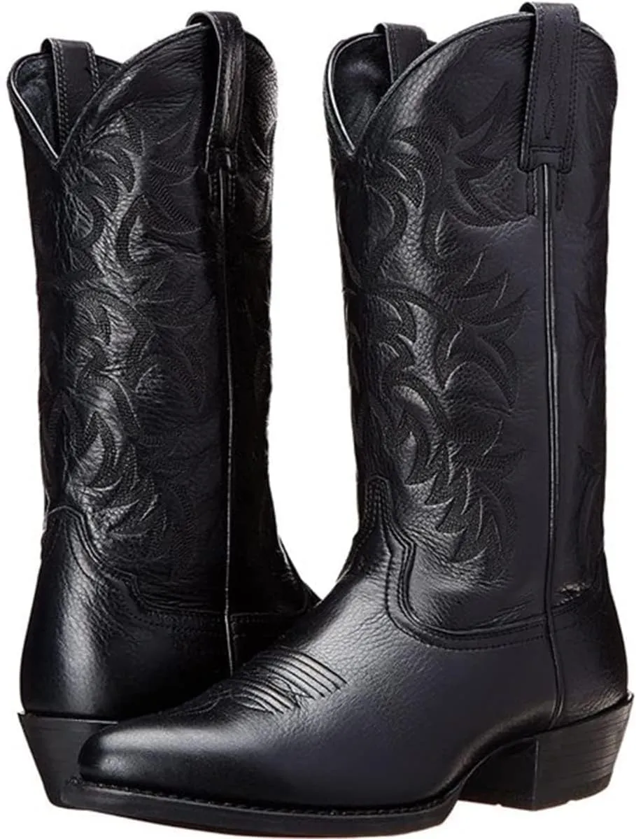 Cowboy Boots for Men Lightweight Western Country Boots Modern Traditional Embroidered Boots Men Mid Calf Western Cowboy Motorcycle Boots Leather Shoes Wide Calf Pull On Western Work Combat Boots