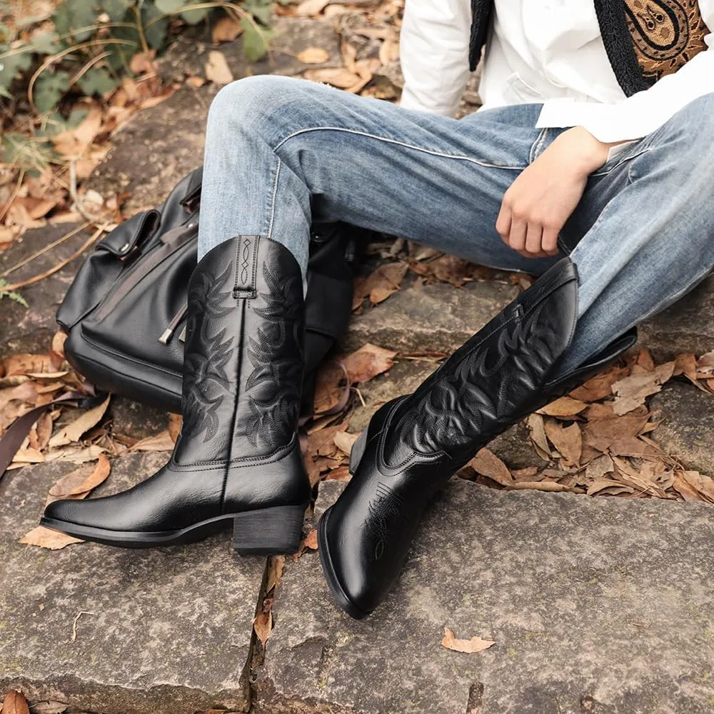 Cowboy Boots for Men Lightweight Western Country Boots Modern Traditional Embroidered Boots Men Mid Calf Western Cowboy Motorcycle Boots Leather Shoes Wide Calf Pull On Western Work Combat Boots