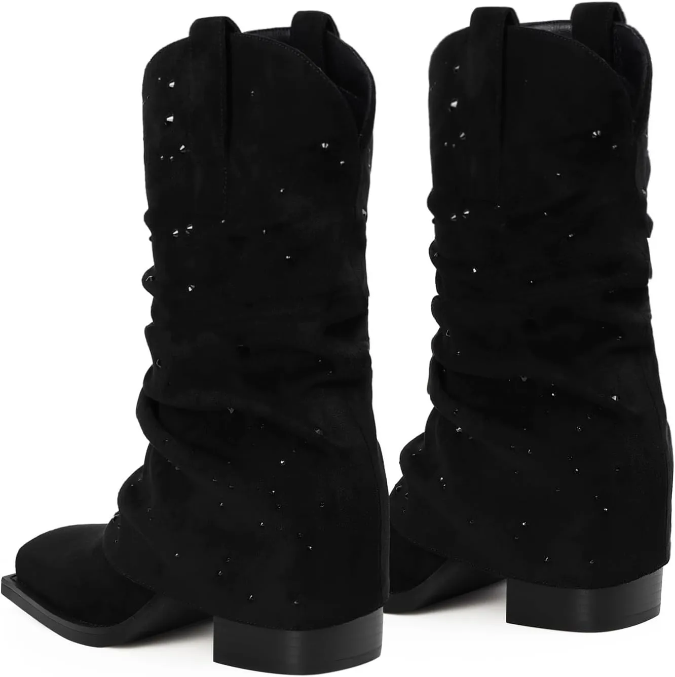 Cowboy Boots for Women Cowgirl Boots Mid Calf Square Toe Fold Over Chunky Heel Slouchy Suede Boots