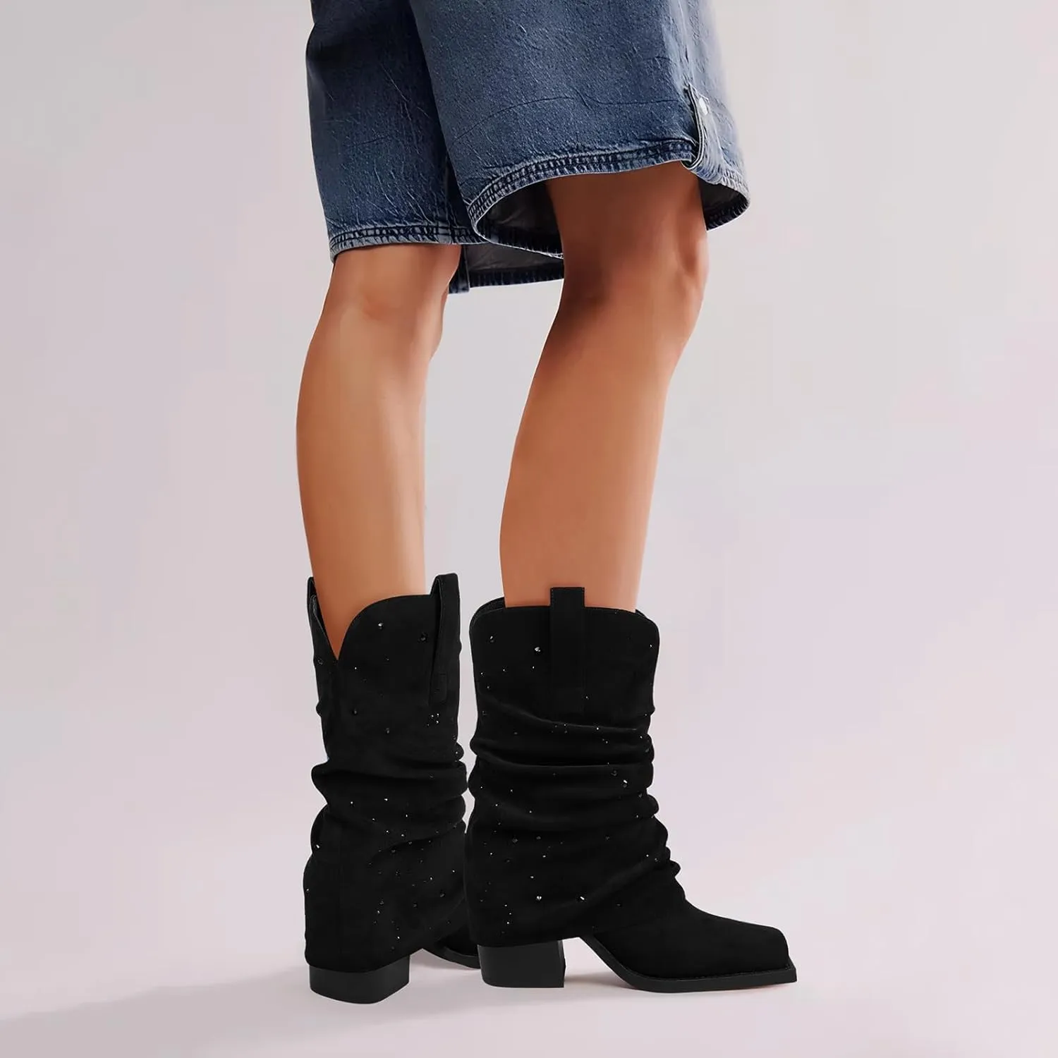 Cowboy Boots for Women Cowgirl Boots Mid Calf Square Toe Fold Over Chunky Heel Slouchy Suede Boots