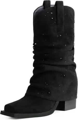 Cowboy Boots for Women Cowgirl Boots Mid Calf Square Toe Fold Over Chunky Heel Slouchy Suede Boots
