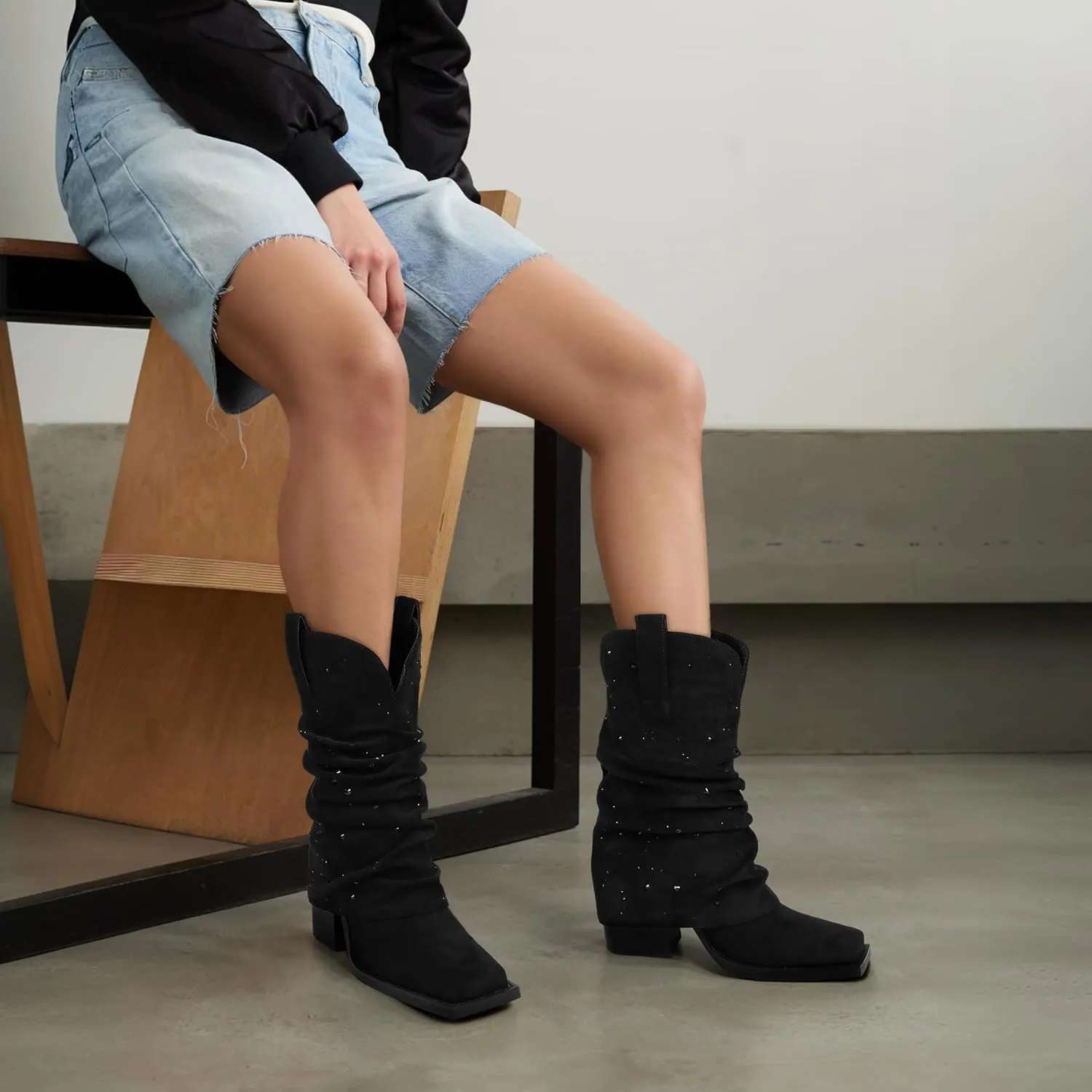 Cowboy Boots for Women Cowgirl Boots Mid Calf Square Toe Fold Over Chunky Heel Slouchy Suede Boots