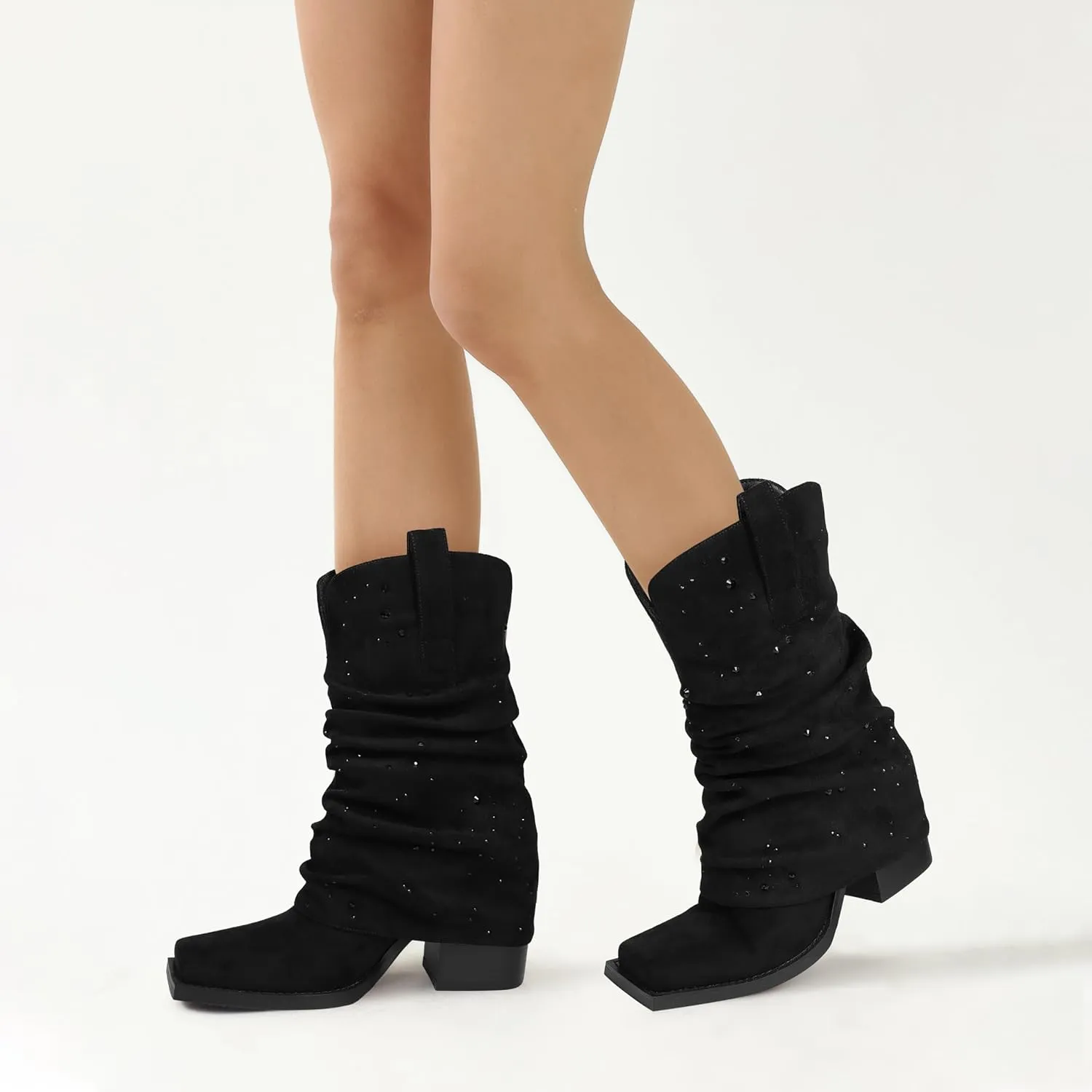 Cowboy Boots for Women Cowgirl Boots Mid Calf Square Toe Fold Over Chunky Heel Slouchy Suede Boots