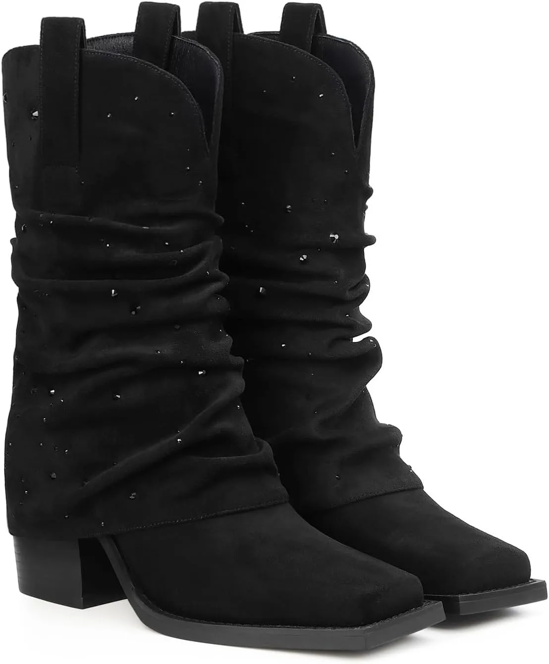 Cowboy Boots for Women Cowgirl Boots Mid Calf Square Toe Fold Over Chunky Heel Slouchy Suede Boots