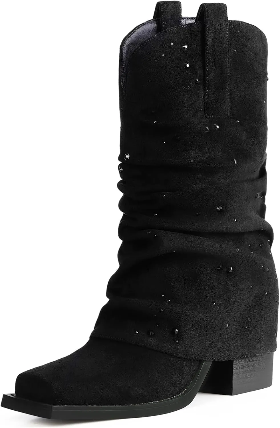 Cowboy Boots for Women Cowgirl Boots Mid Calf Square Toe Fold Over Chunky Heel Slouchy Suede Boots