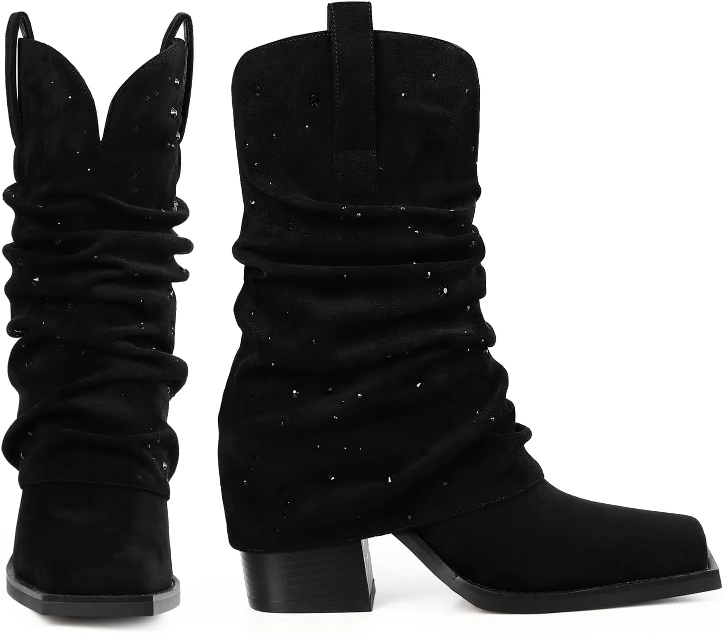 Cowboy Boots for Women Cowgirl Boots Mid Calf Square Toe Fold Over Chunky Heel Slouchy Suede Boots