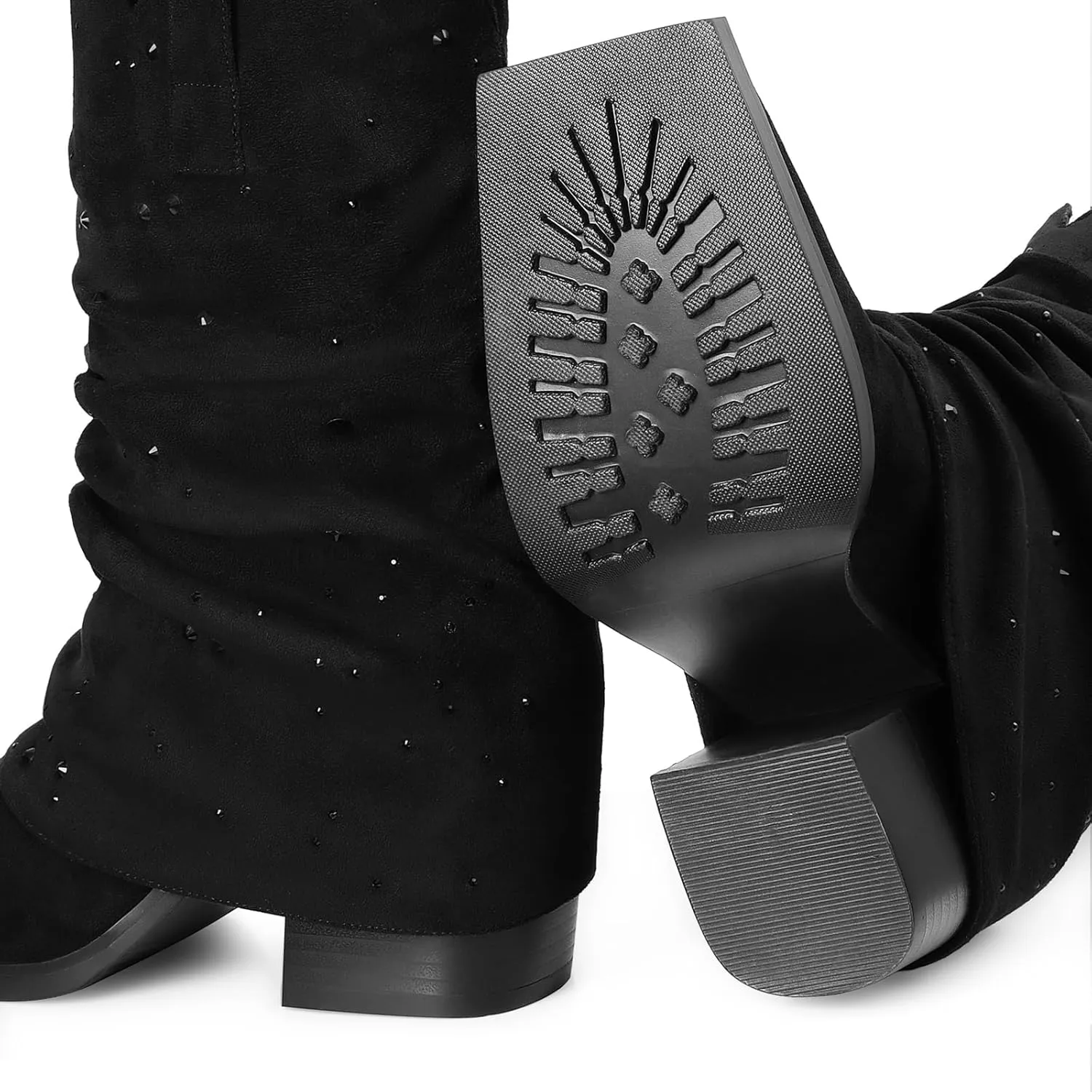 Cowboy Boots for Women Cowgirl Boots Mid Calf Square Toe Fold Over Chunky Heel Slouchy Suede Boots
