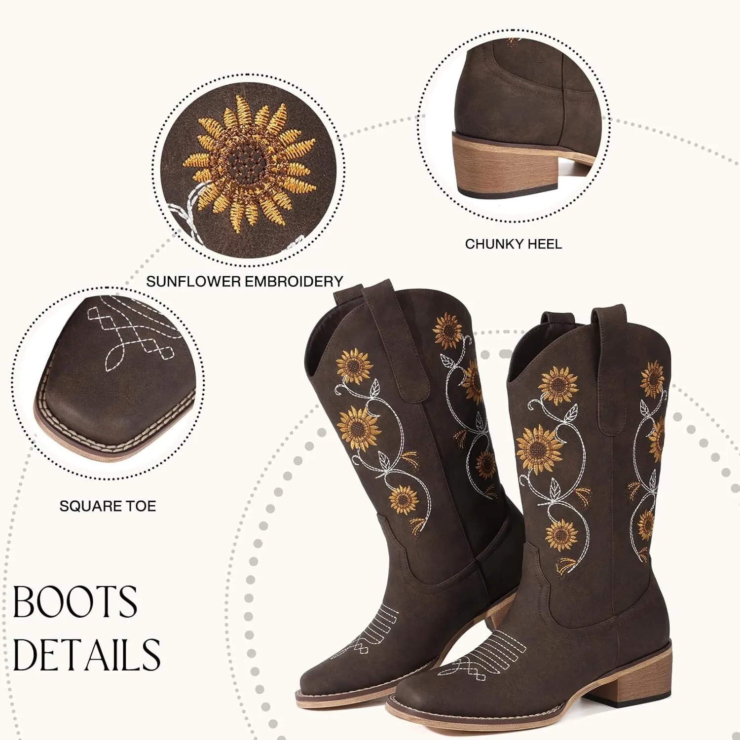 Cowboy Boots for Women - Mid Calf Western Sunflower Cowgirl Boots with Floral Embroidery, Square Toe Stitched Pull On Retro Design, Perfect for Country Idyll, Concerts and More