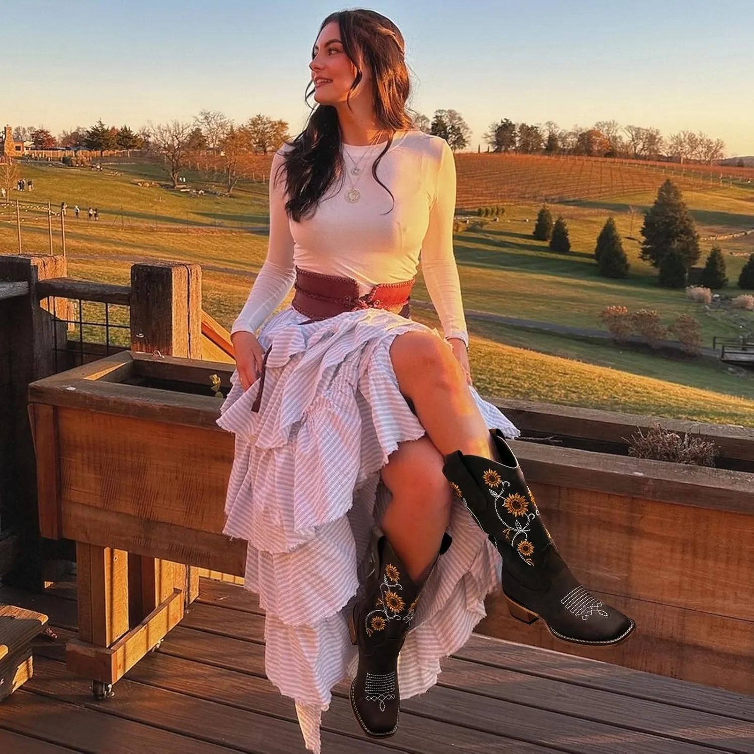 Cowboy Boots for Women - Mid Calf Western Sunflower Cowgirl Boots with Floral Embroidery, Square Toe Stitched Pull On Retro Design, Perfect for Country Idyll, Concerts and More