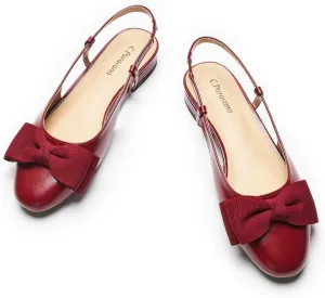 C.Paravano Women's Slingback Flats with Bowknot Flats Sandals Slip on Casual Flats Shoes Detachable Ankle Strap Almond Toe