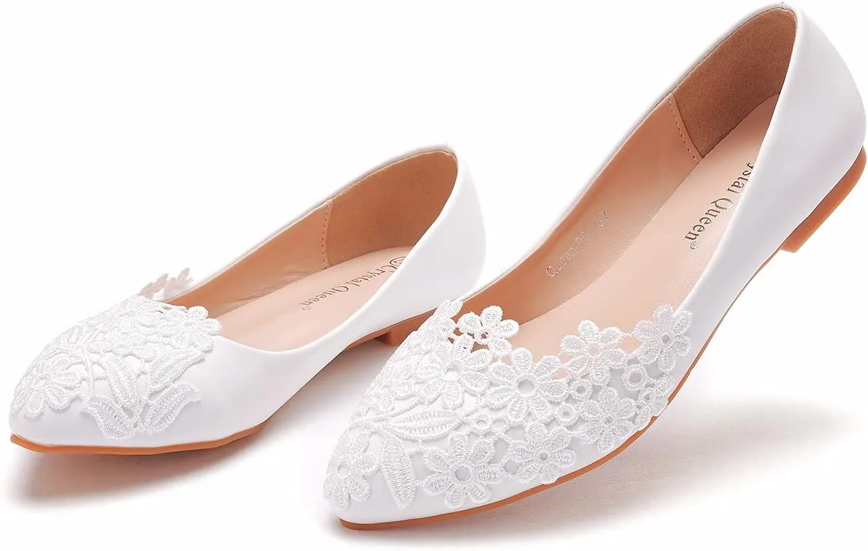 Crystal Queen Women Flats Ballets Shoes White Lace Wedding Flats Pointed Toe Plus Size Shoes Wedding Party Dress Shoes