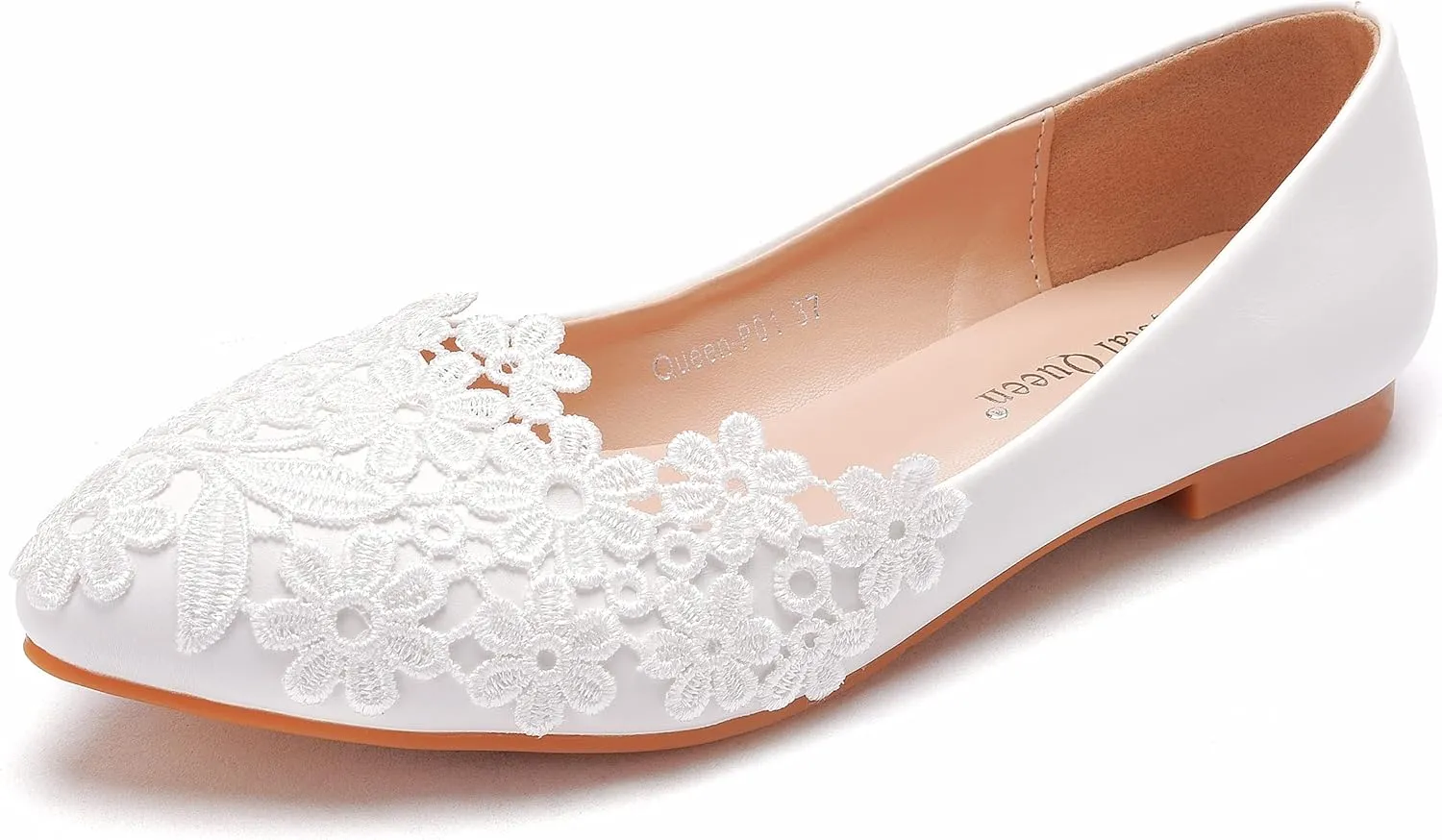 Crystal Queen Women Flats Ballets Shoes White Lace Wedding Flats Pointed Toe Plus Size Shoes Wedding Party Dress Shoes