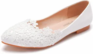 Crystal Queen Women Flats Ballets Shoes White Lace Wedding Flats Pointed Toe Plus Size Shoes Wedding Party Dress Shoes