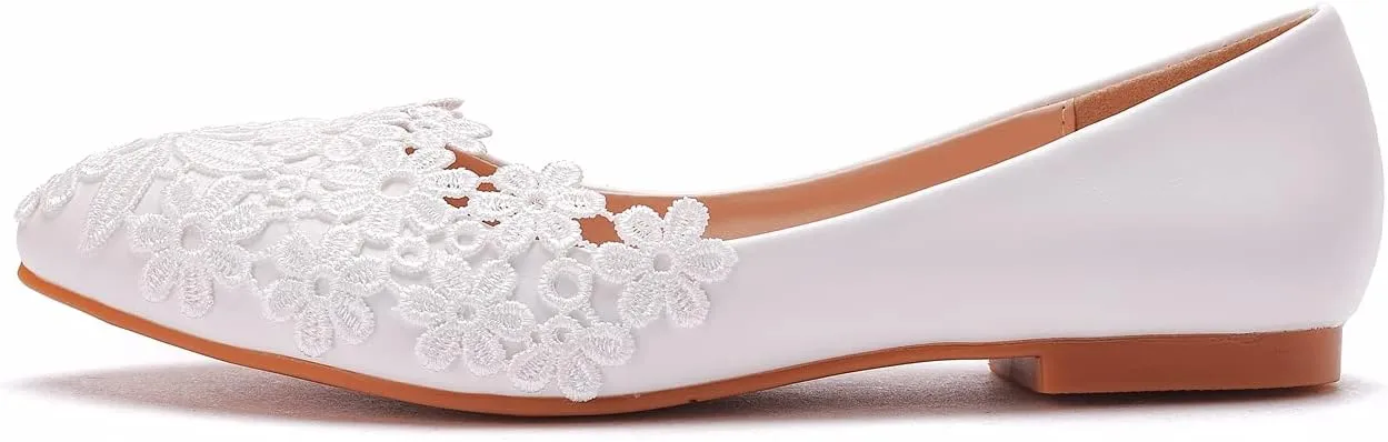 Crystal Queen Women Flats Ballets Shoes White Lace Wedding Flats Pointed Toe Plus Size Shoes Wedding Party Dress Shoes