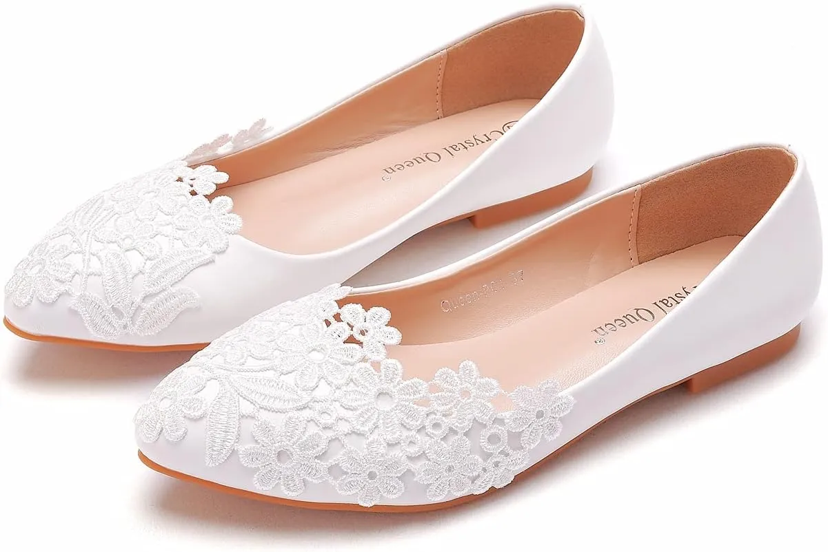 Crystal Queen Women Flats Ballets Shoes White Lace Wedding Flats Pointed Toe Plus Size Shoes Wedding Party Dress Shoes