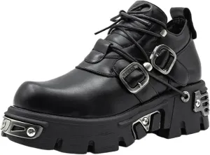 Dark Punk Style Woman Gothic Flame Carved Rock Boots Leather Shoes Metal Niche Low Top Platform Shoes